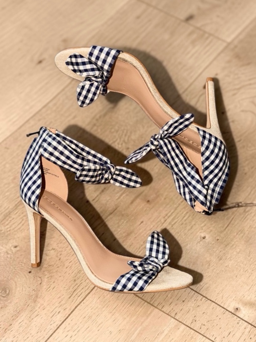 BCBGeneration Navy and White Gingham Bow Ankle-Tie Heels Size 11